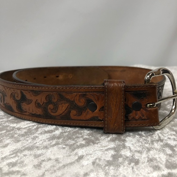 Full Grain Cowhide Other - Justin Tooled Belt Outdoorsman Western Cowhide Leather Embossed Hunting Fishing